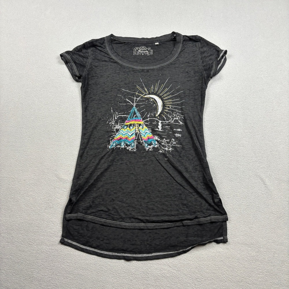 Panhandle Slim Womens Small Charcoal Grey Embroidered Teepee Desert Graphic Tee